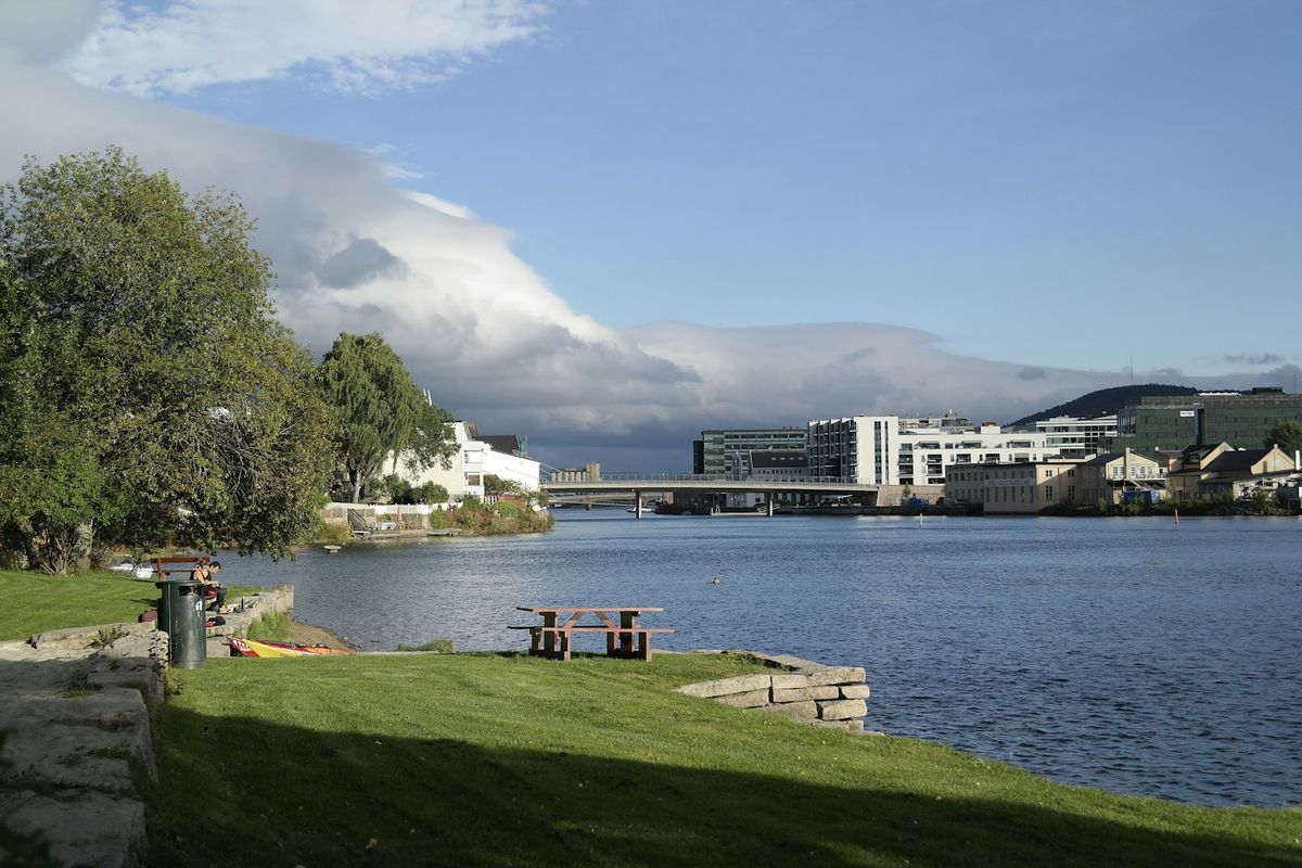 Drammenselva med moderne bygg og bro i Drammen sentrum